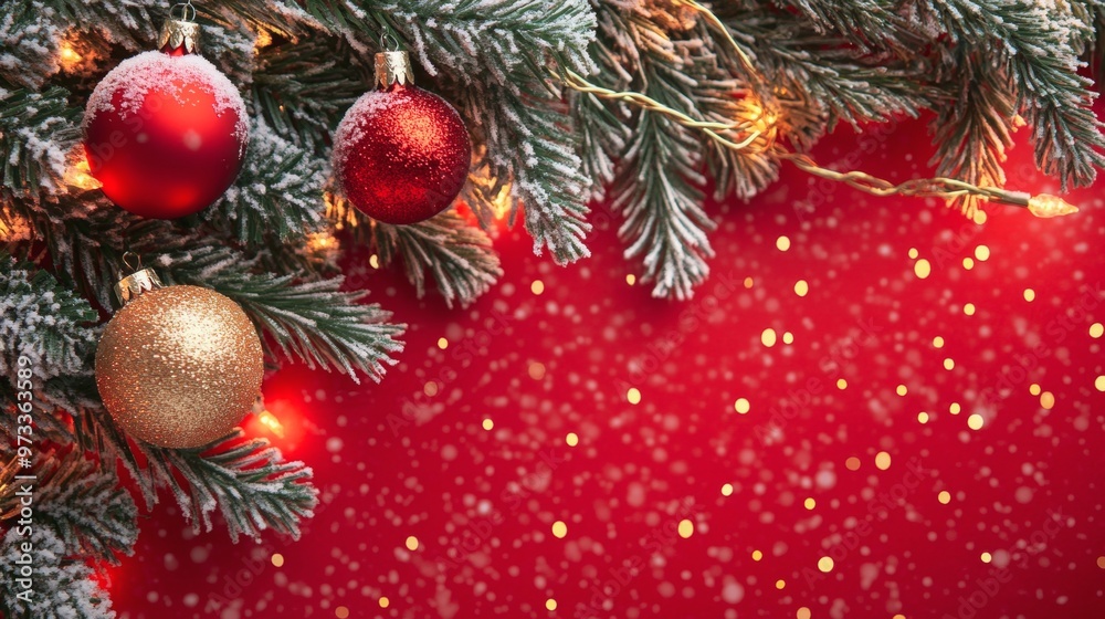 Festive Christmas tree with decorations with glittery baubles, frosted evergreen branches, illuminated by warm lights on a blur background. Merry Christmas banner and poster Festive Christmas tree with decorations with glittery baubles, frosted evergreen branches, illuminated by warm lights on a blur background. Merry Christmas banner and poster
