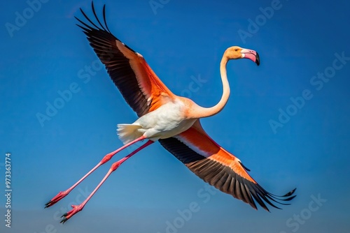 A stunning stock photo of a flying greater flamingo against a clear blue sky background captured with a wide angle lens, nature,flamingo, wide-angle, wildlife photography, animal photo