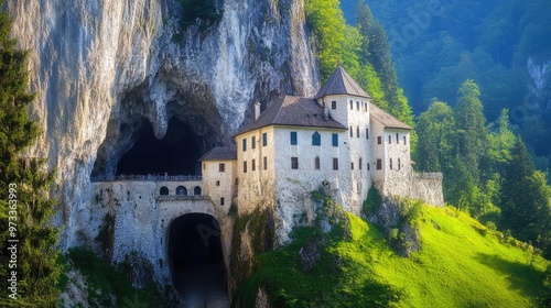 A white castle built into a cliff with a cave entrance, surrounded by lush green hills and trees under a bright blue sky. photo