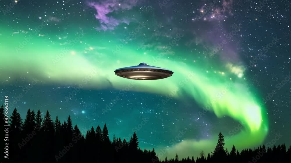 Ufo is flying over a forest at night, with the northern lights illuminating the sky. The spacecraft is a classic flying saucer shape, with lights around the perimeter
