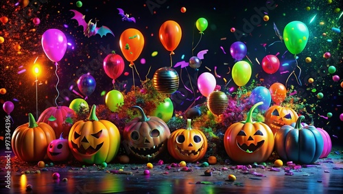 Vibrant neon-colored splatters and streaks cover a dark background, surrounded by Halloween-themed decorations, balloons, and confetti, capturing the energy of a wild and playful celebration. photo