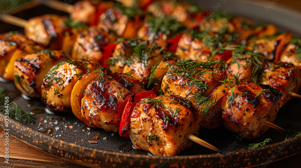 A plate of grilled chicken skewers with dill and peppers. The dish looks delicious and appetizing A plate of grilled chicken skewers with dill and peppers. The dish looks delicious and appetizing