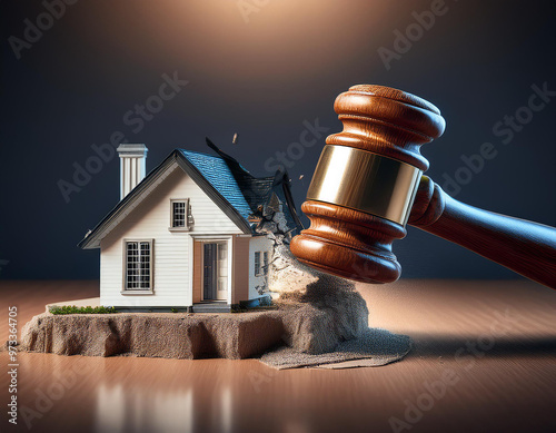 Judge's gavel breaks a model house on a desk, symbolizing legal issues in real estate, auctions, and court judgments