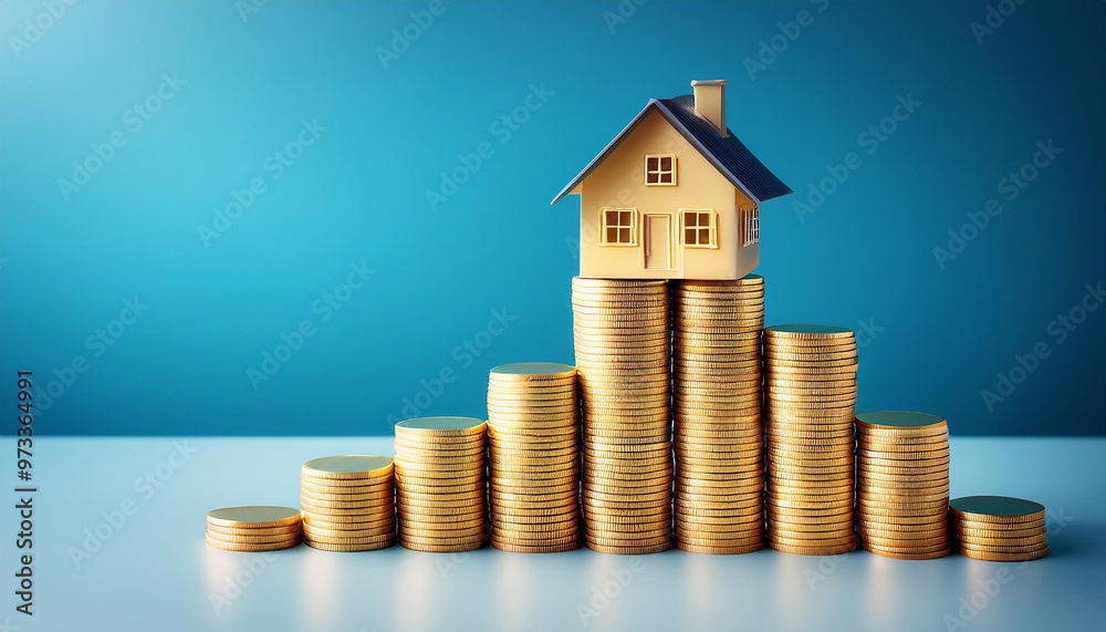 Miniature house sitting on a stack of increasing gold coins symbolizing savings for homeownership against a blue background Miniature house sitting on a stack of increasing gold coins symbolizing savings for homeownership against a blue background