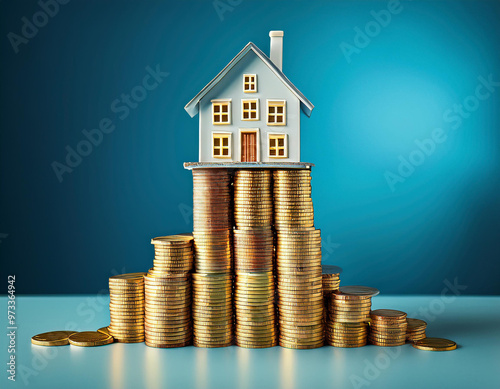 Miniature house standing on increasing stacks of coins against blue background, representing real estate investment and financial growth photo