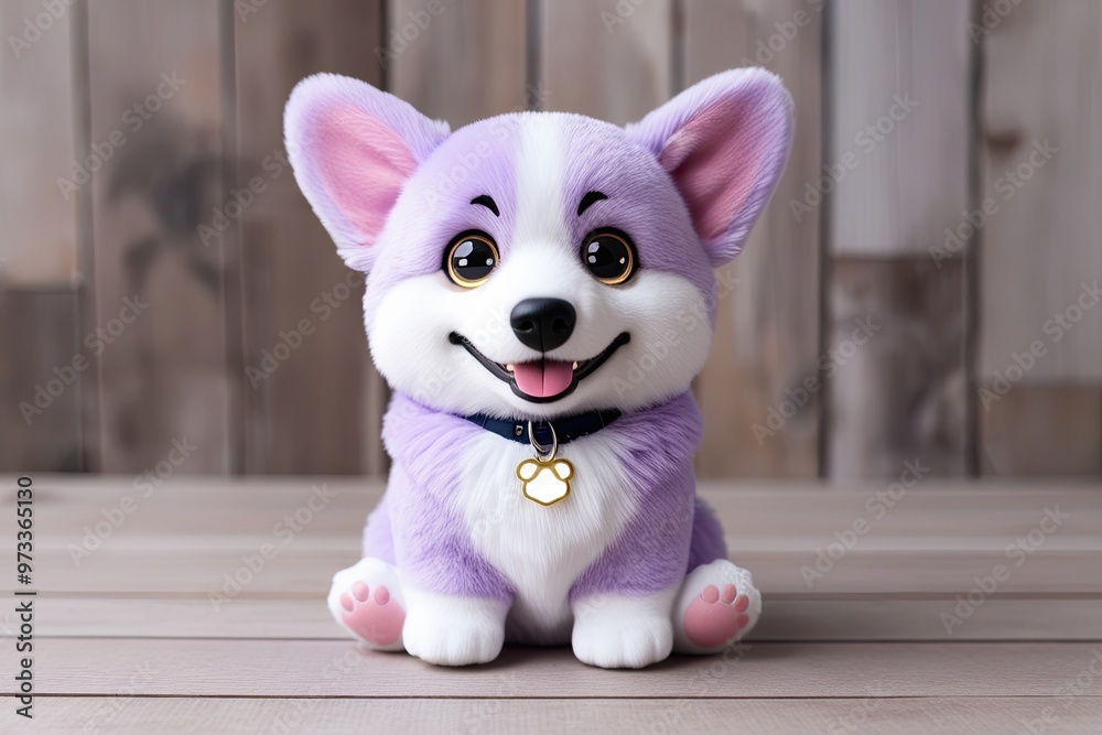 Fototapeta premium Adorably Fluffy Kawaii Lavender Corgi Puppy with Glowing Eyes and Playful Smile in Cute Sitting Pose