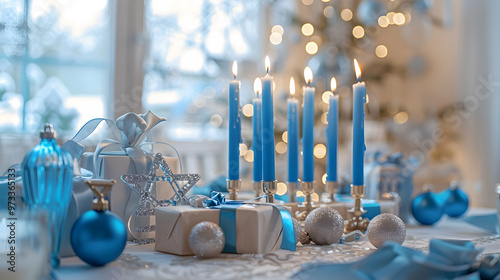 Holiday setup with blue candles, and gift decorations photo