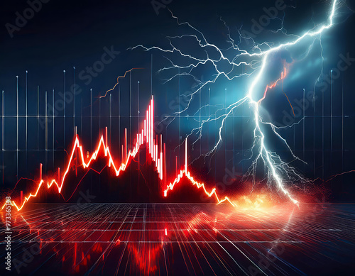 Bright lightning strike is illuminating a financial stock market graph chart crashing down in a dark environment