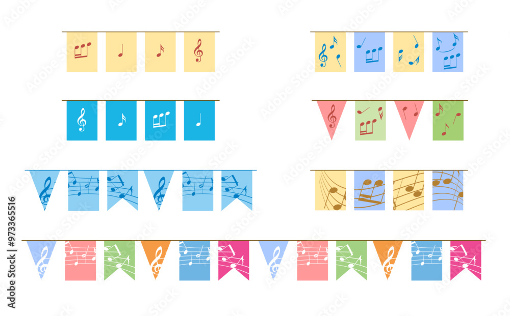 set of vector small decorative flags with music notes. Colored banners for musical event set of vector small decorative flags with music notes. Colored banners for musical event