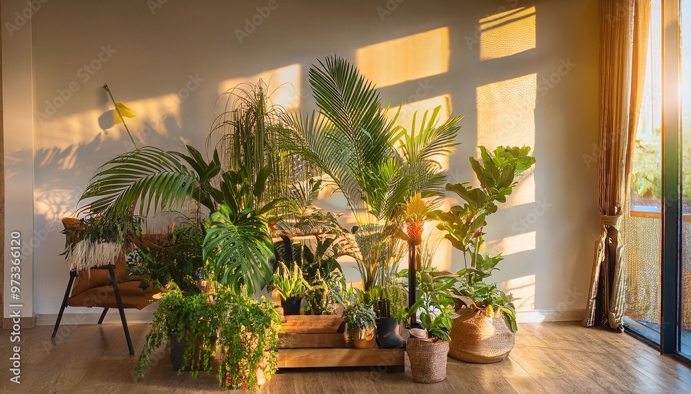 Fototapeta premium Lush indoor houseplant arrangement with a variety of tropical plants in a modern living room