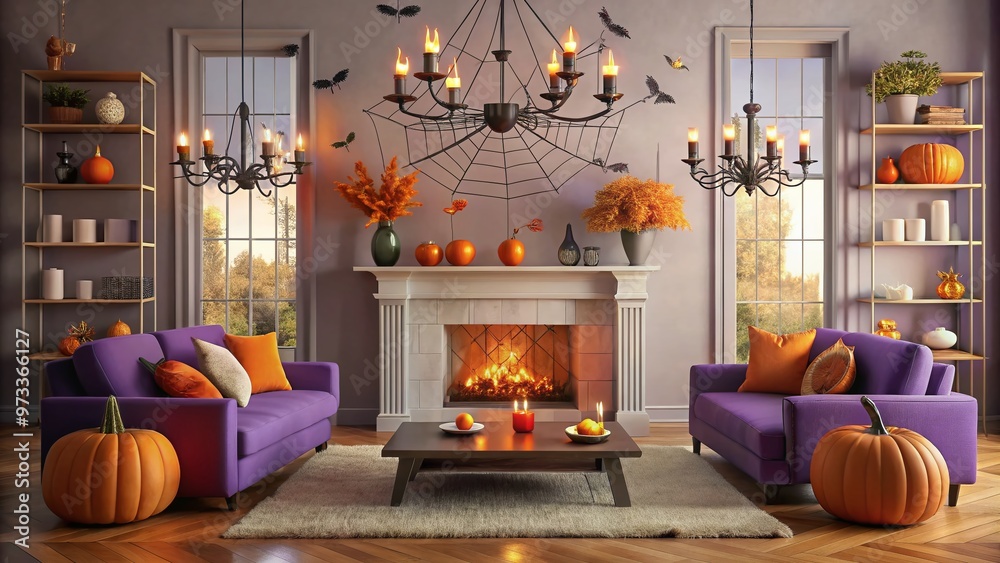 Obraz premium Vibrant orange and purple decorations adorn a modern living room, featuring a spider web-covered chandelier, candlelit pumpkins, and a festive fall-themed mantel display.