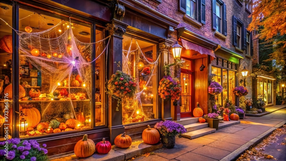 Vibrant orange and purple exterior of a seasonal storefront at night, adorned with spider webs, skeletons, and jack-o'-lanterns, amidst a bustling commercial street. Vibrant orange and purple exterior of a seasonal storefront at night, adorned with spider webs, skeletons, and jack-o'-lanterns, amidst a bustling commercial street.