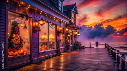 Vibrant orange and purple hues illuminate a spooky coastal storefront at dusk, featuring eerie decorations and artificial fog on a bustling beachside boardwalk. photo