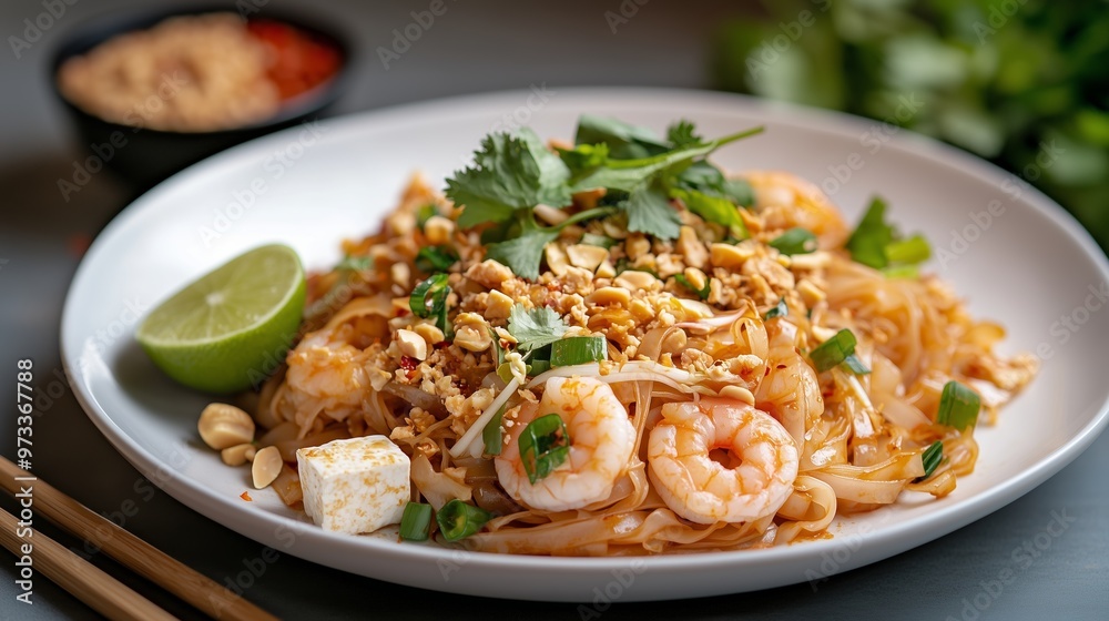 Delicious pad thai decorated with peanuts and coriander being served on white plate Delicious pad thai decorated with peanuts and coriander being served on white plate