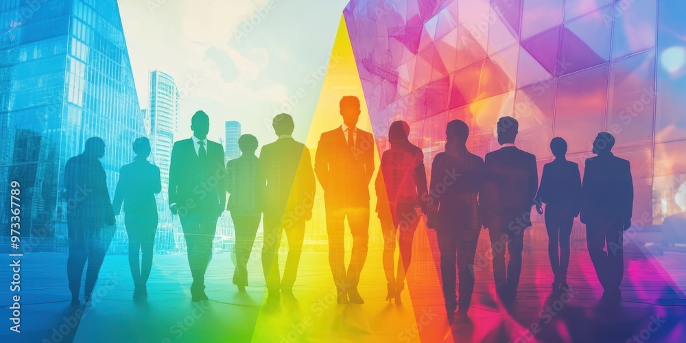 Silhouettes of business people with a gradient color background A modern office building can be seen on the left side Generative AI Silhouettes of business people with a gradient color background A modern office building can be seen on the left side Generative AI
