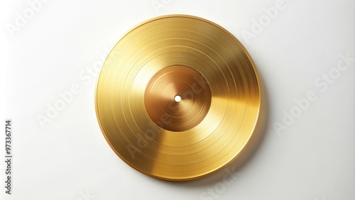Realistic gold vinyl record on a white background creating a minimalist aesthetic, record player, turntable, audio, pop culture, technology, album, groove, vintage, minimalist, disc, vinyl
