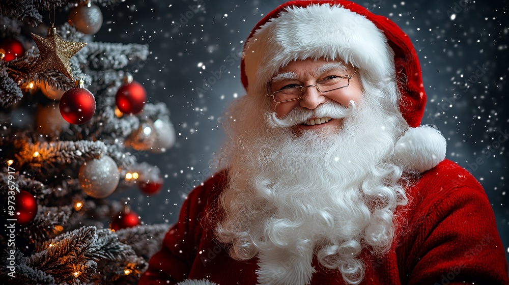 Santa Claus smiles and looks at the camera. He is standing in front of a snow-covered Christmas tree with lights and red ornaments. Snow falls around him. Santa Claus smiles and looks at the camera. He is standing in front of a snow-covered Christmas tree with lights and red ornaments. Snow falls around him.