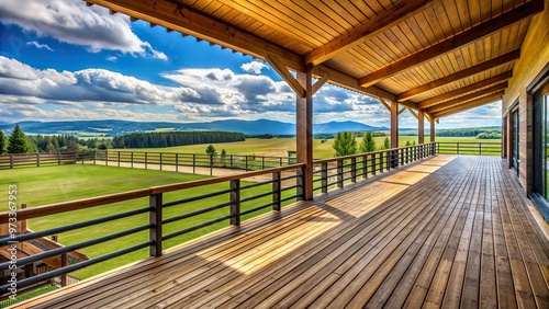 Exterior of a horse ranch featuring a spacious symmetrical wooden walkout deck with stunning views of the surrounding landscape, relaxation, rustic, spacious, serenity, view, horses, farm