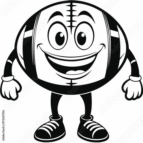 Smiling cartoon American football character, black and white vector illustration