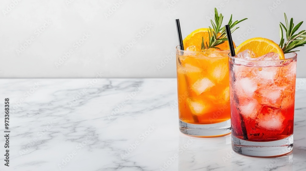 Elegant Dining Experience: Signature Cocktails Served on Marble Bar Top in Upscale Restaurant Setting with Stylish Patrons, Copy Space