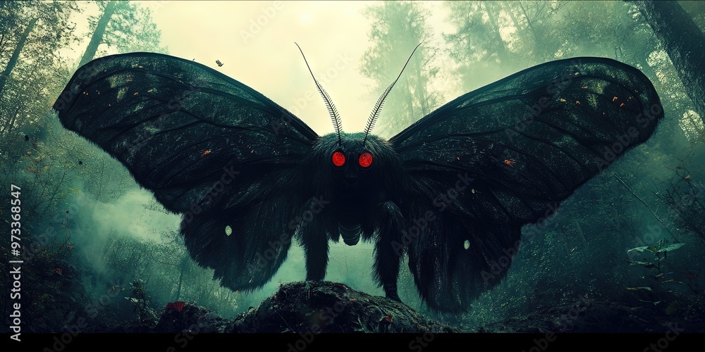 mothman cryptid with large wingspan and glowing eyes in the darkness ...