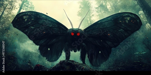 mothman cryptid with large wingspan and glowing eyes in the darkness, 