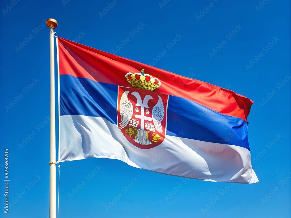 Vibrant red, blue, and white tricolor Serbian national flag waving proudly in the wind, symbolizing patriotism, unity,