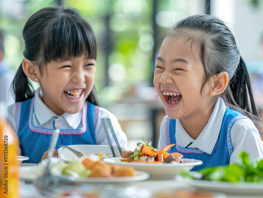 Two children are laughing and eating food at a table., Two children are laughing and eating food at a table.,
