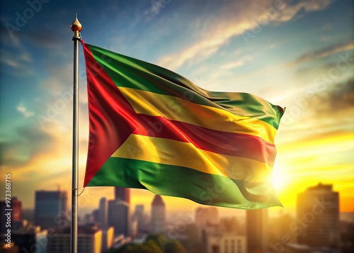 Vibrant red, green, and gold striped flag waved triumphantly in the air, symbolizing unity, freedom, and African