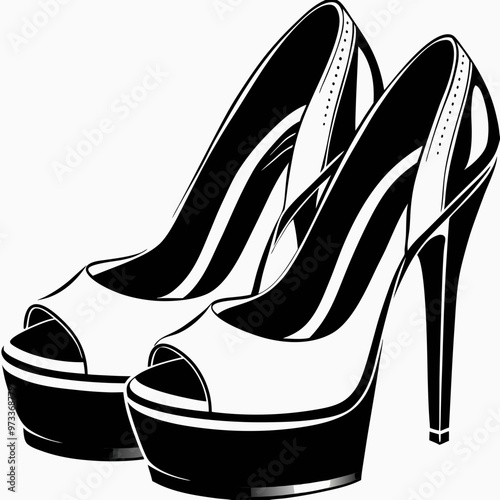 Vector illustration of high-heeled platform pumps, black and white, classic fashion footwear design