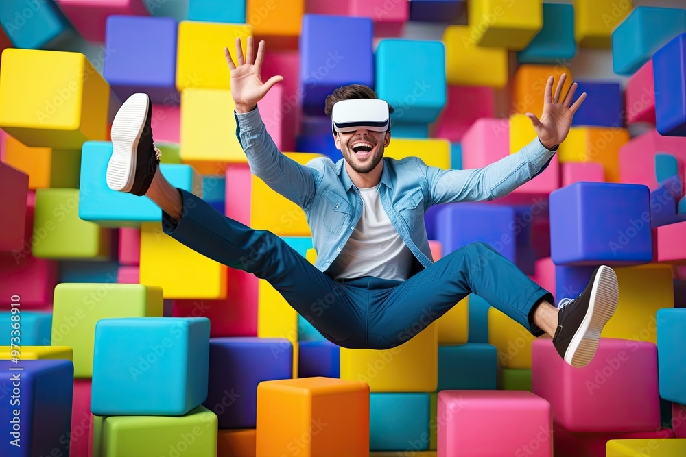 Joyful Young Man in Virtual Reality Glasses Jumping in Vibrant Colors 3D Visualization Joyful Young Man in Virtual Reality Glasses Jumping in Vibrant Colors 3D Visualization