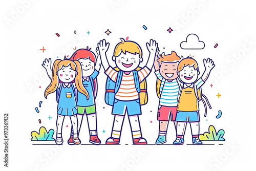 Happy girls and boys. Set of cartoon characters kids. Cute teenagers laughing. School children line style. Cute schoolchild. Vector generative ai illustration