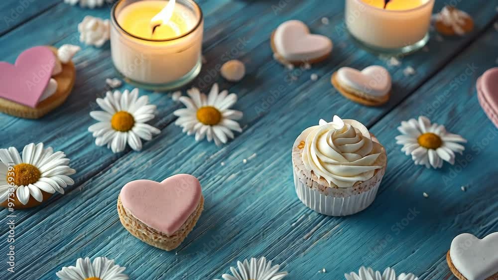 Delicious dessert arrangement with cupcakes and heart-shaped cookies on a blue wooden table Delicious dessert arrangement with cupcakes and heart-shaped cookies on a blue wooden table