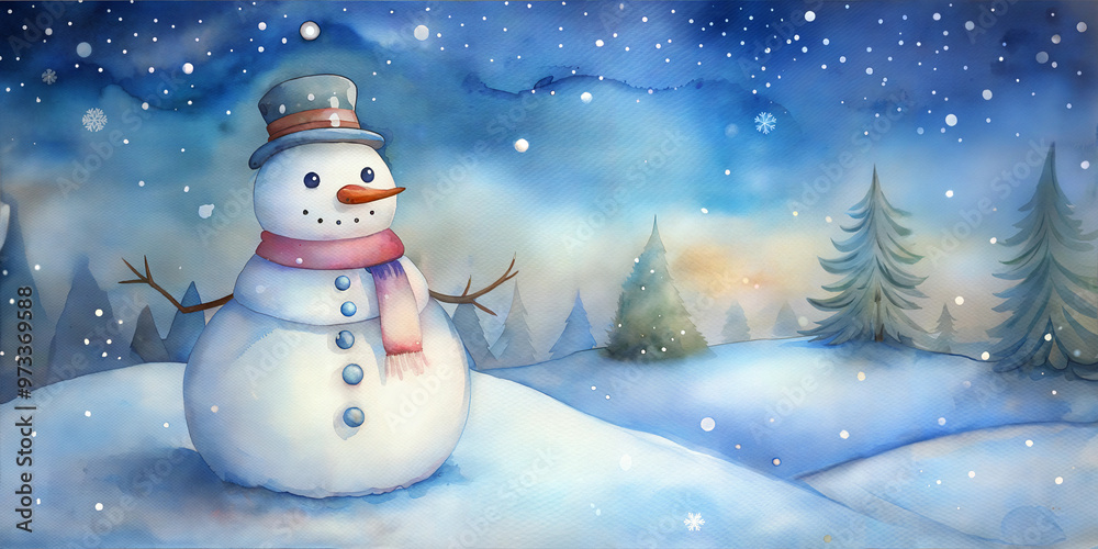 Snowman with a hat and scarf standing in a winter landscape with falling snow
