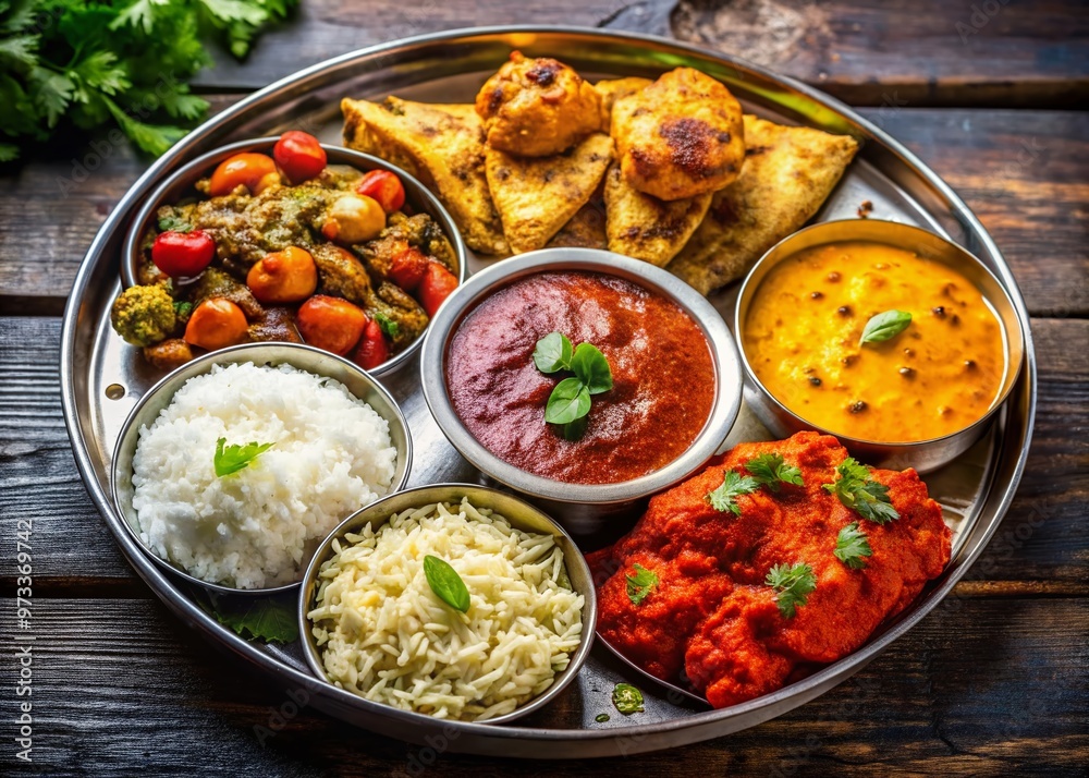 Vibrant spices, basmati rice, and tender chicken tikka masala surround a golden-brown naan bread, arranged artfully on Vibrant spices, basmati rice, and tender chicken tikka masala surround a golden-brown naan bread, arranged artfully on