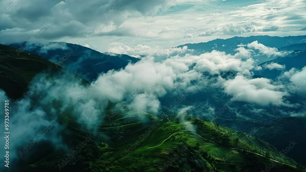 Breathtaking aerial views of lush mountains and rolling clouds in the serene landscape at dawn Breathtaking aerial views of lush mountains and rolling clouds in the serene landscape at dawn