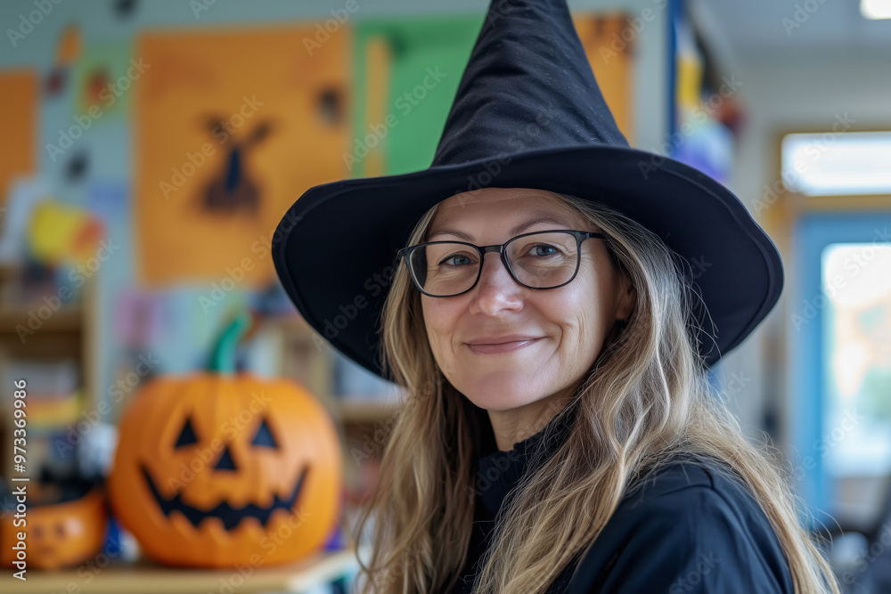 Halloween witch costume teacher in elementary classroom with jack-o'-lantern decoration professional photography soft shadows and sharp focus Halloween witch costume teacher in elementary classroom with jack-o'-lantern decoration professional photography soft shadows and sharp focus