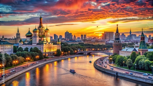 Vibrant sunset illuminates Moscow's majestic skyline, showcasing iconic onion-domed cathedrals, Soviet-era landmarks, and modern skyscrapers along the Moskva River's serene waters. photo