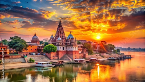 Vibrant sunset illuminates the majestic Vishwanath Mandir, a serene Hindu temple surrounded by lush greenery and tranquil Ghats along the River Ganges in Varanasi. photo