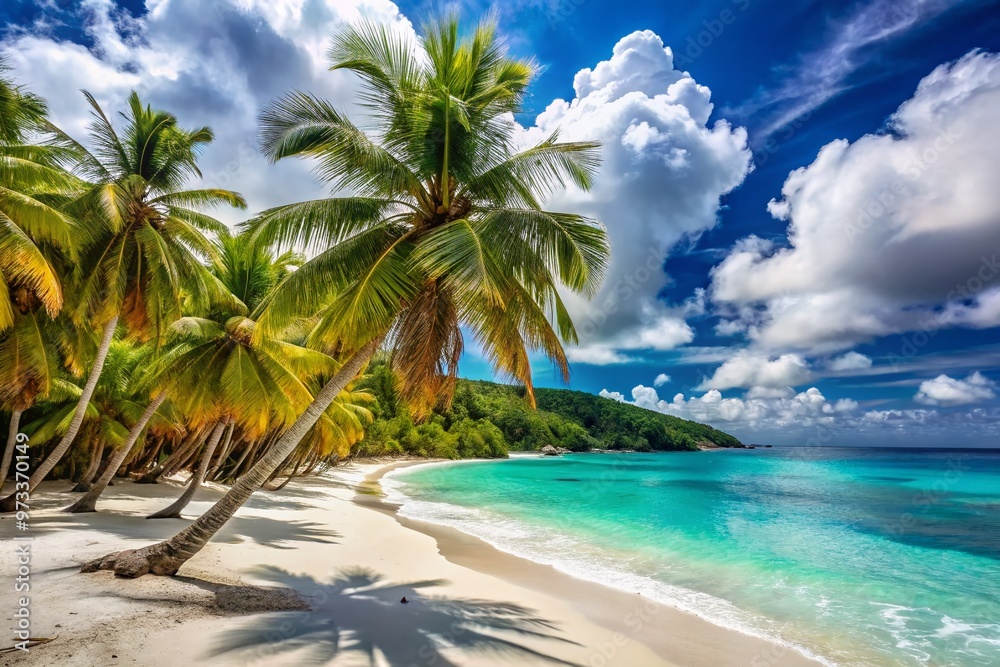Fototapeta premium Vibrant turquoise ocean waves gently lap against a powdery white sand beach, fringed by swaying palm trees, in