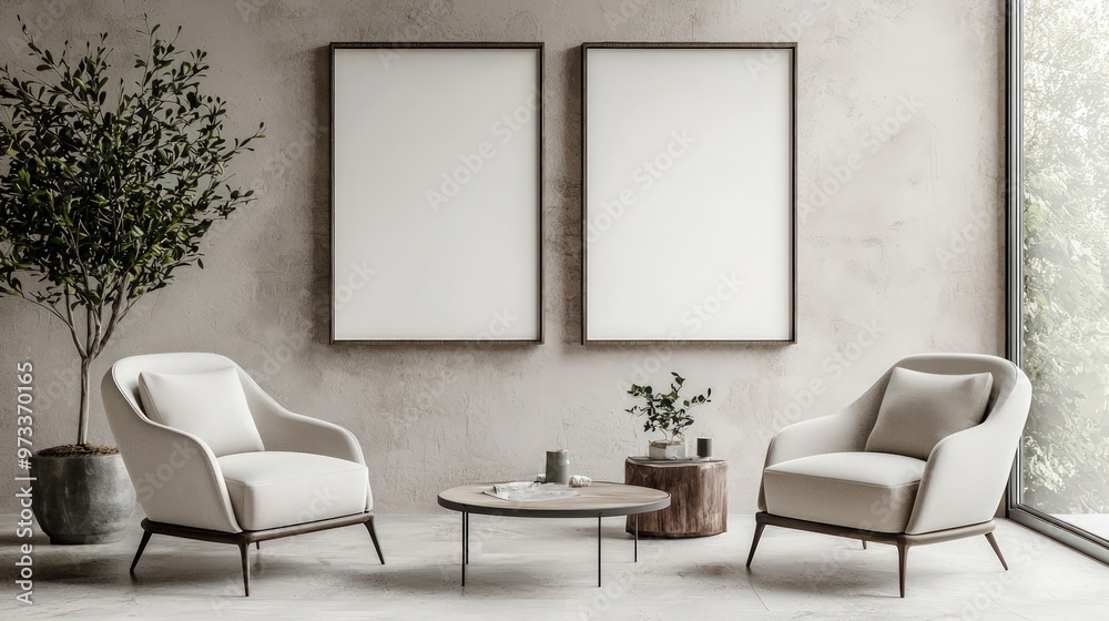 Modern living room interior in light beige tones featuring two armchairs and a table, with empty blank poster frames mock-up, rendered in 3D. Modern living room interior in light beige tones featuring two armchairs and a table, with empty blank poster frames mock-up, rendered in 3D.