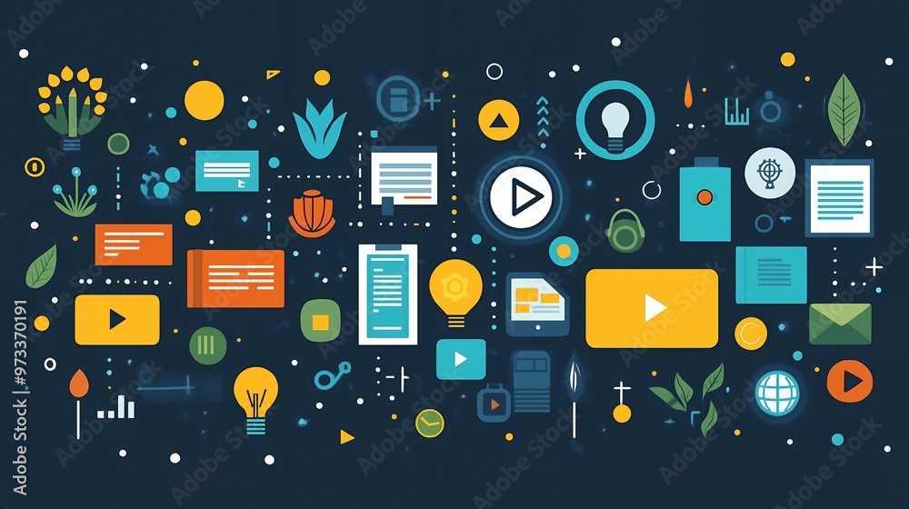 Naklejka premium Colorful digital media and technology icons arranged on a dark blue background representing content creation and connectivity.