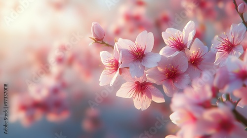 Soft pink blossoms with yellow centers on a branch, blurred background.