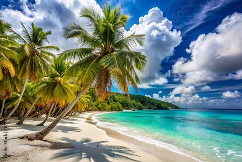 Vibrant turquoise ocean waves gently lap against a powdery white sand beach, fringed by swaying palm trees, in photo