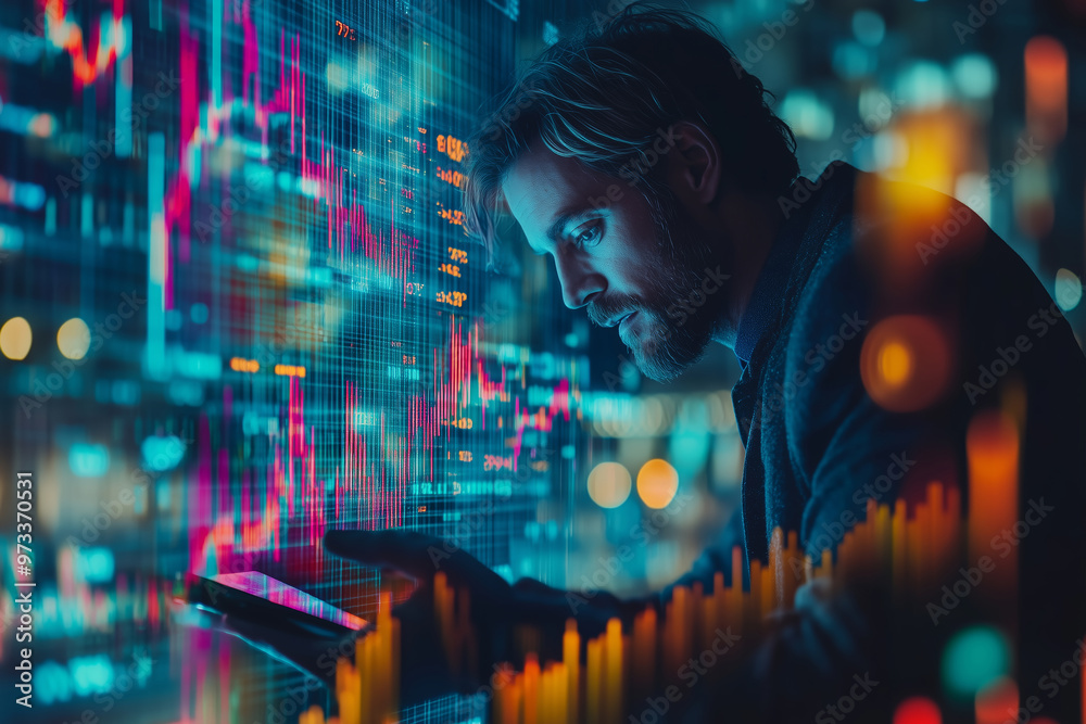 Businessman analyzing digital report on tablet amid glowing data visualization in a modern office at night