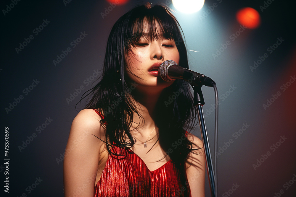 赤いドレスが印象的な女性シンガー 赤いドレスが印象的な女性シンガー