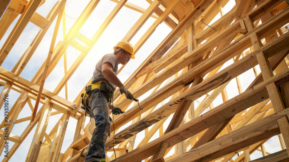 Roofer working on roof structure of building. Workers working on the roof. Roofer working on roof structure of building. Workers working on the roof.
