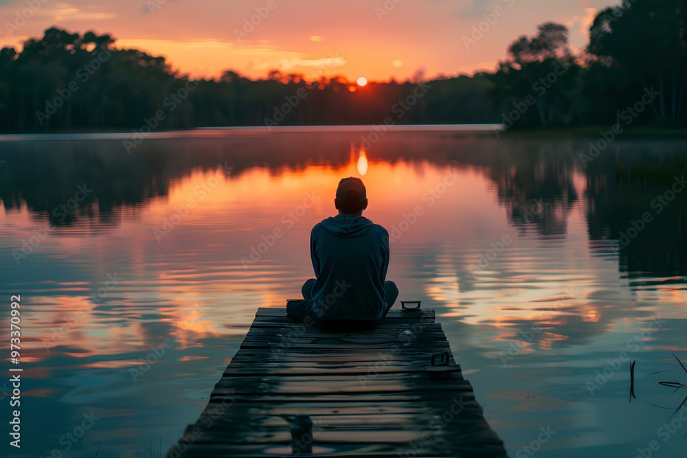 A man silhouette siting on a wooden pier looking at still lake. Summer evening rest, calmness. A man silhouette siting on a wooden pier looking at still lake. Summer evening rest, calmness.