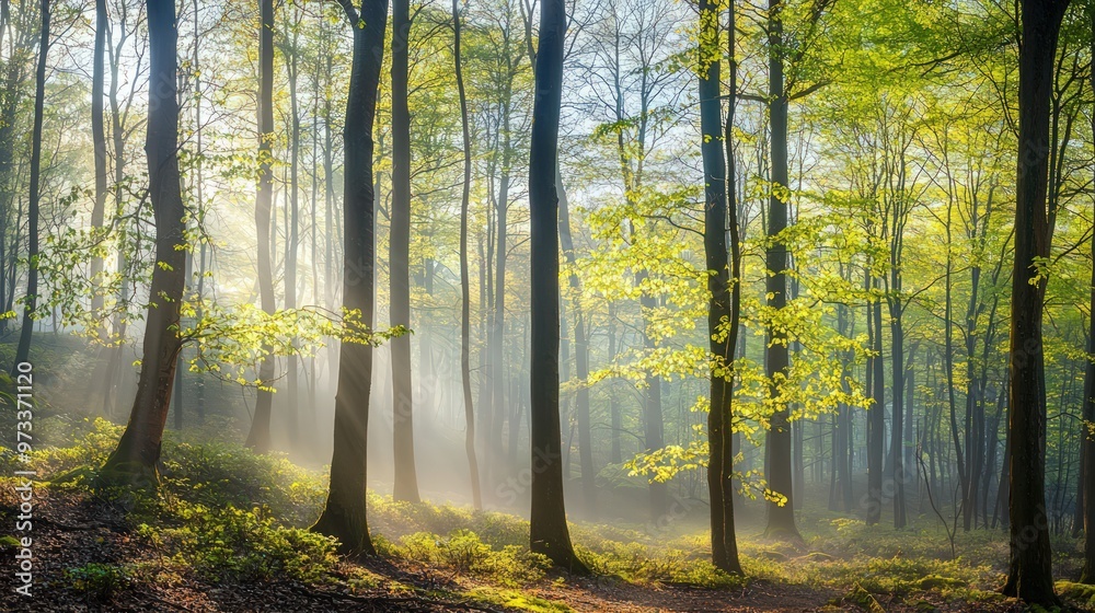 Obraz premium Panoramic view of a sunny natural oak and beech forest in spring, with the first green leaves and morning mist enhancing the serene landscape.