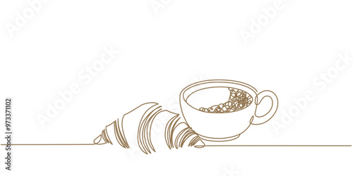 coffee cup with croissant line art vector illustration. breakfast menu background cafe